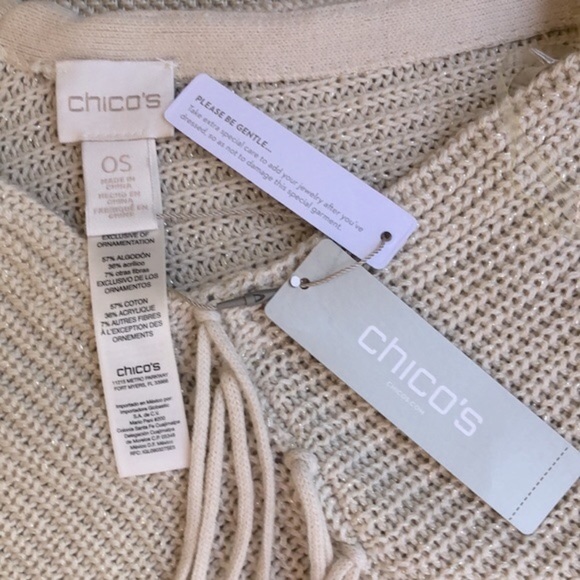 Chicos Lightweight Metallic Knit Fringed Poncho Neutral Color Gold Women OS NWT - Picture 12 of 17